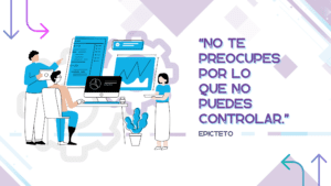 Gráfico ilustrativo con la cita de Epicteto, 'No te preocupes por lo que no puedes controlar', mostrando un equipo trabajando eficientemente con Zink ERP en sus computadoras en una oficina moderna.